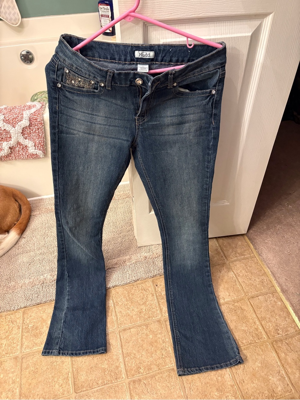 Mudd Women's Dark Indigo Flare Jeans with Embellished Pocket